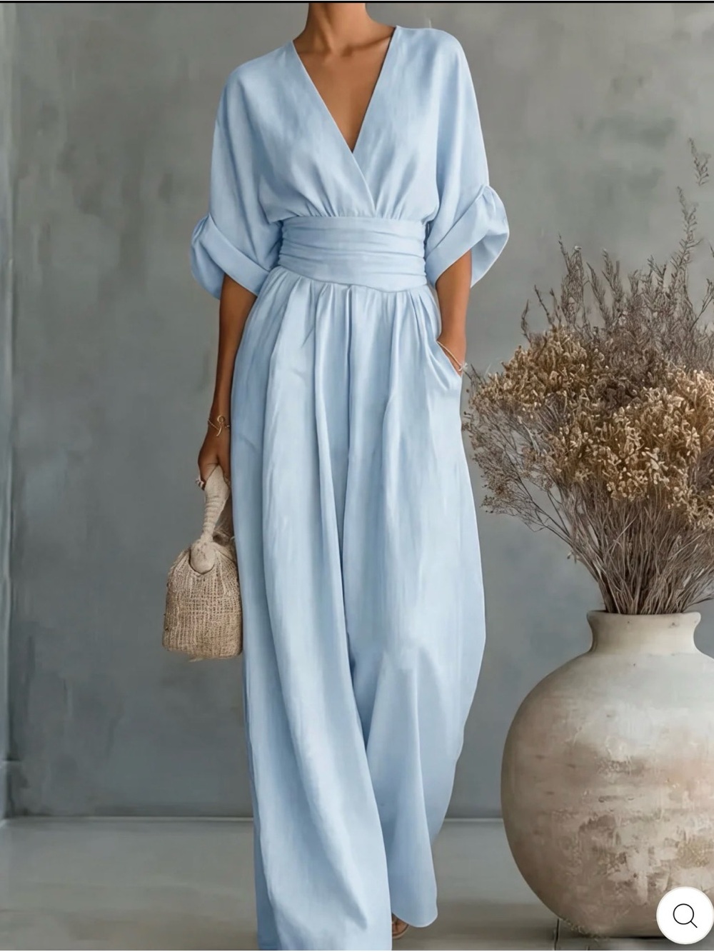 Light Blue Wide-Leg V-Neck Jumpsuit with Cinched Waist